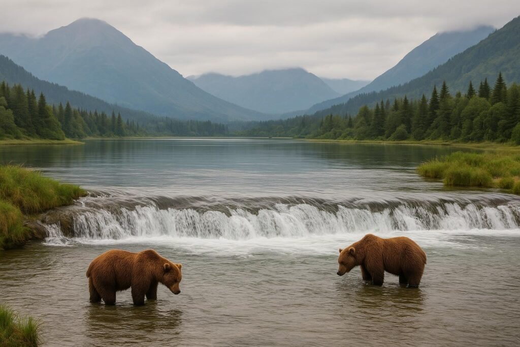 Alaska brown bears fishing in a river wallpaper