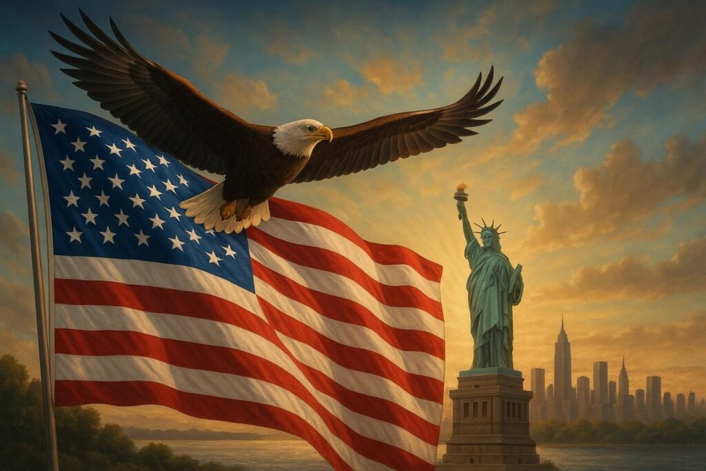 American flag wallpaper with bright red, white, and blue colors for desktop screens