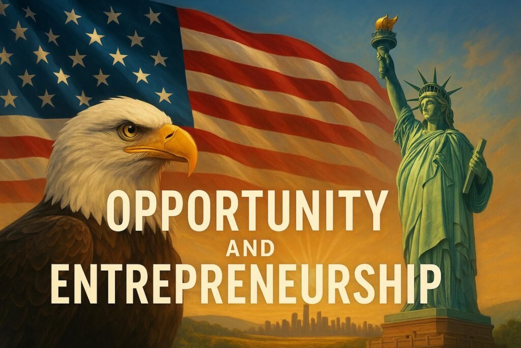 American patriotic wallpaper with symbols of opportunity and entrepreneurship on desktop