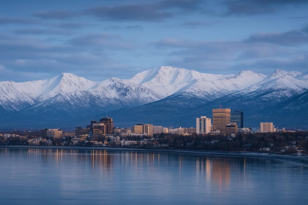 Anchorage Alaska city skyline with snow-covered mountains in the background