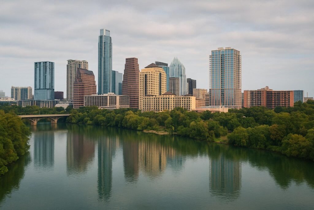 Austin, Texas wallpaper showing Lady Bird Lake skyline with city buildings