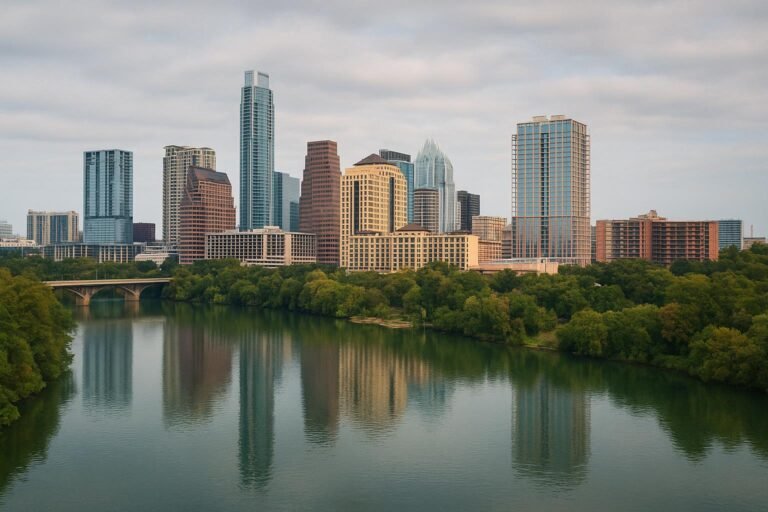 Austin, Texas wallpaper showing Lady Bird Lake skyline with city buildings