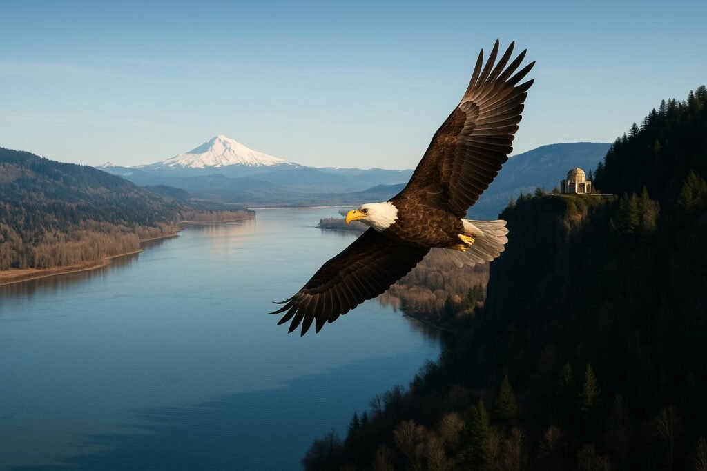 Bald eagle soaring over Columbia River in the Pacific Northwest