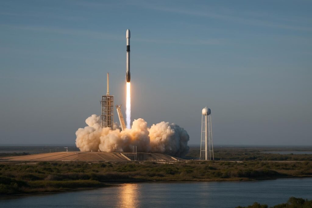 Falcon rocket launch at Cape Canaveral, Florida, against a clear sky