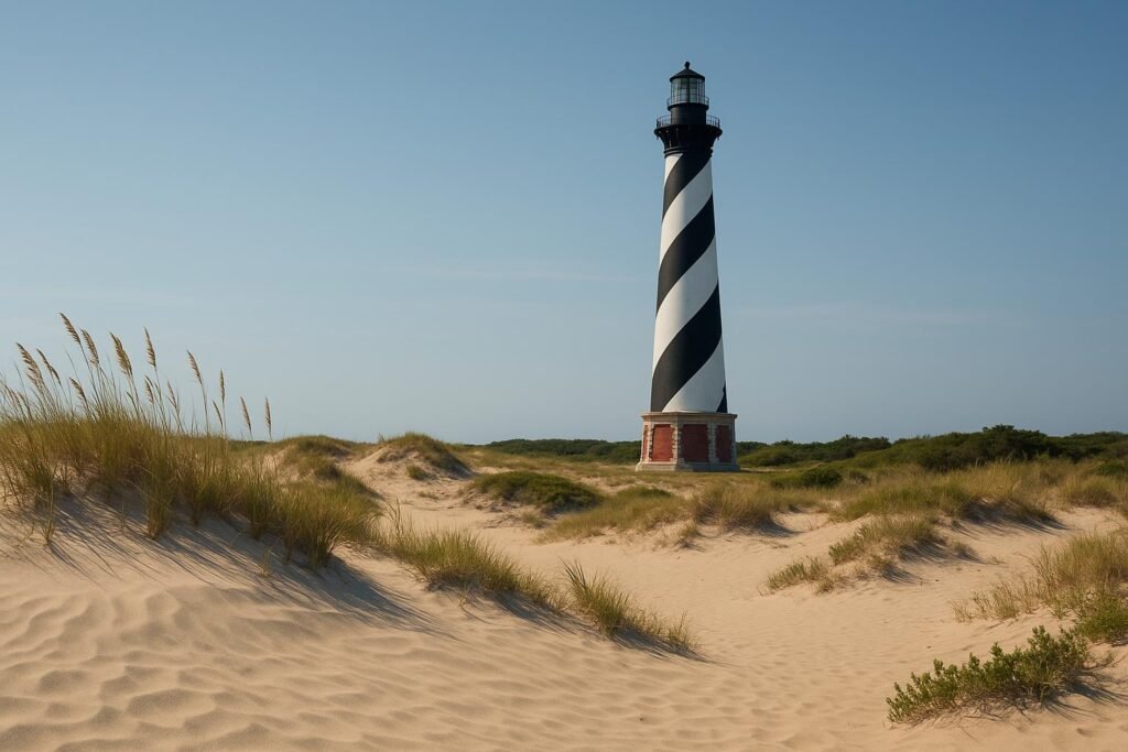 Cape Hatteras Lighthouse with sand dunes in North Carolina on desktop wallpaper