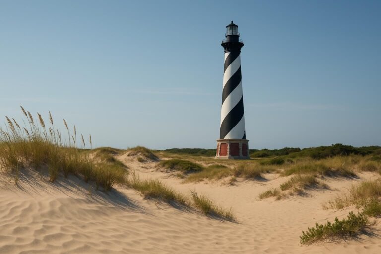 Cape Hatteras Lighthouse with sand dunes in North Carolina on desktop wallpaper