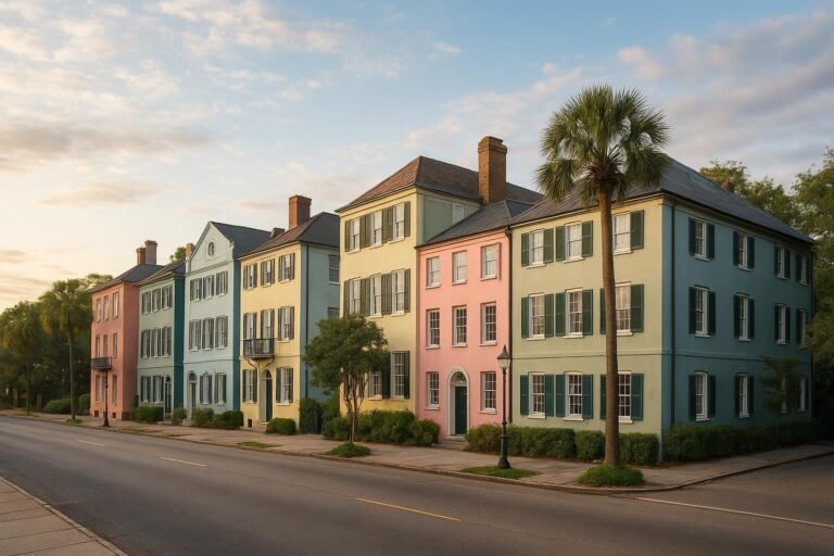 Rainbow Row historic homes in Charleston, South Carolina cityscape wallpaper