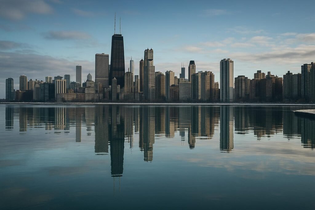Chicago Illinois skyline reflected on Lake Michigan at sunset desktop wallpaper
