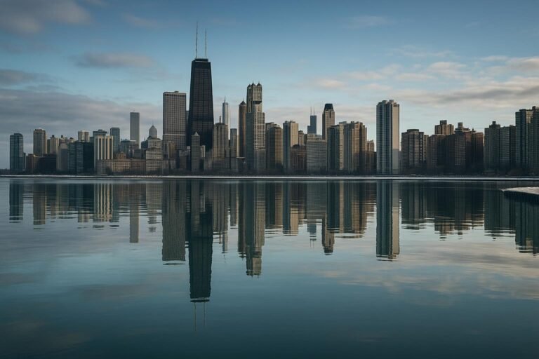 Chicago Illinois skyline reflected on Lake Michigan at sunset desktop wallpaper