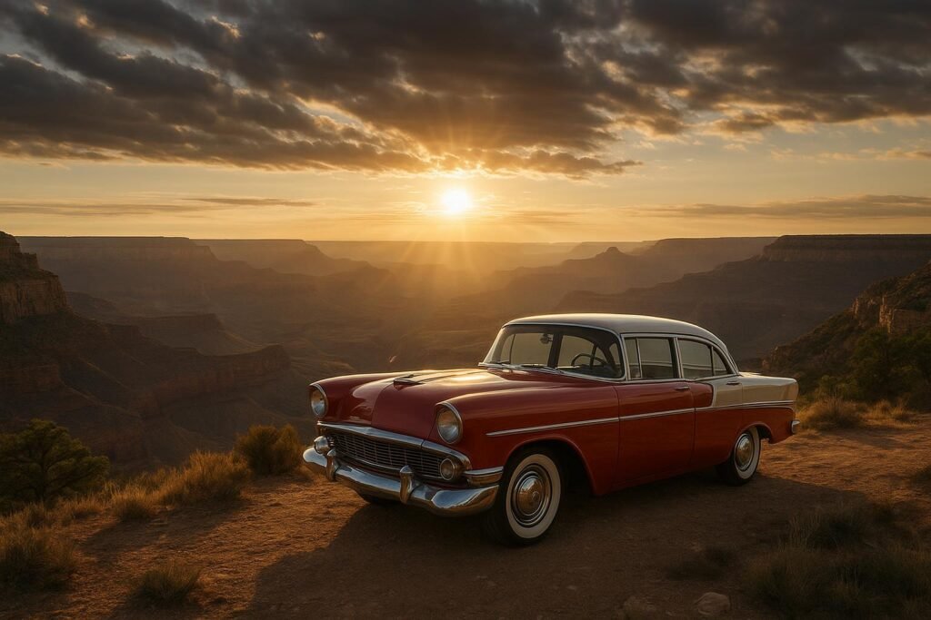 Patriotic wallpaper featuring classic American cars on desktop