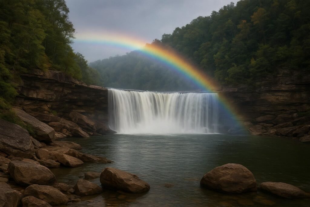 Moonbow over Cumberland Falls waterfall in Kentucky on desktop wallpaper