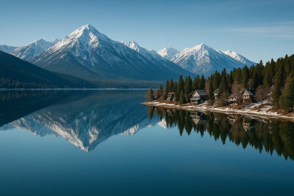 Flathead Lake Montana wallpaper with mountain reflections on a desktop screen