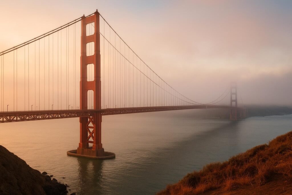 Golden Gate Bridge California during foggy sunrise wallpaper