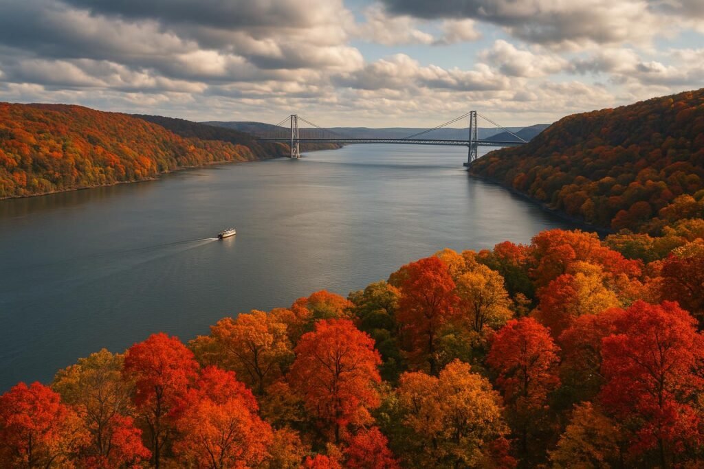 Hudson River New York in fall with colorful foliage along the river