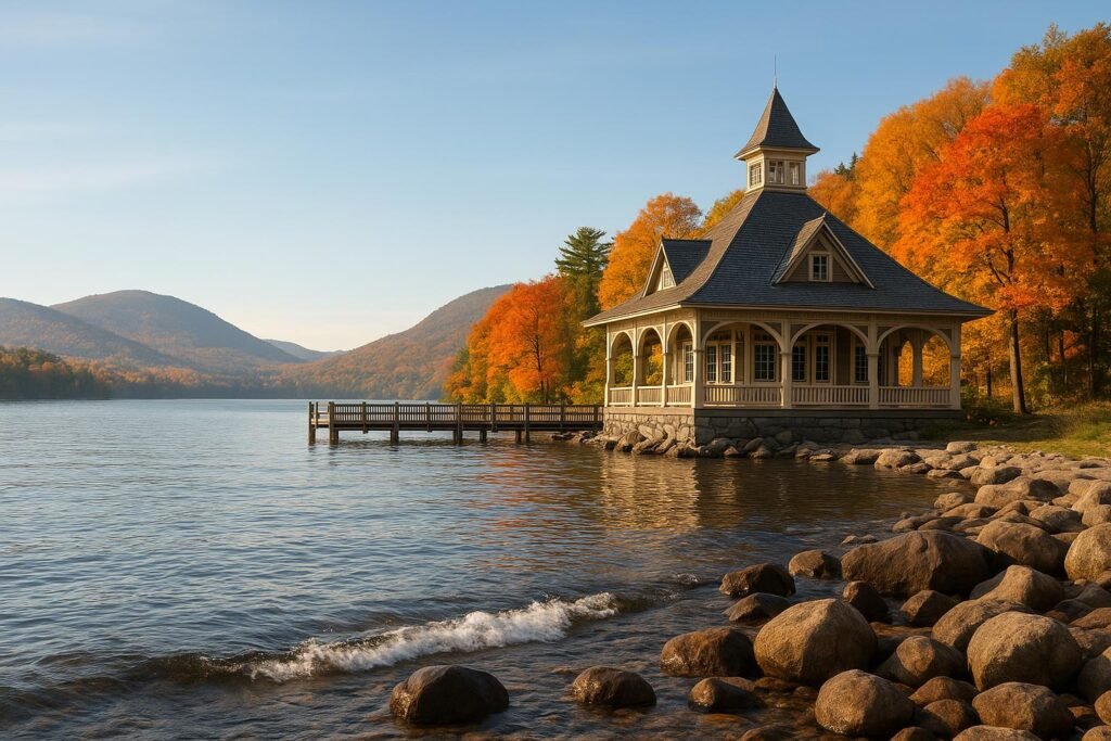 Lake George New York wallpaper with Adirondack mountains and clear lake