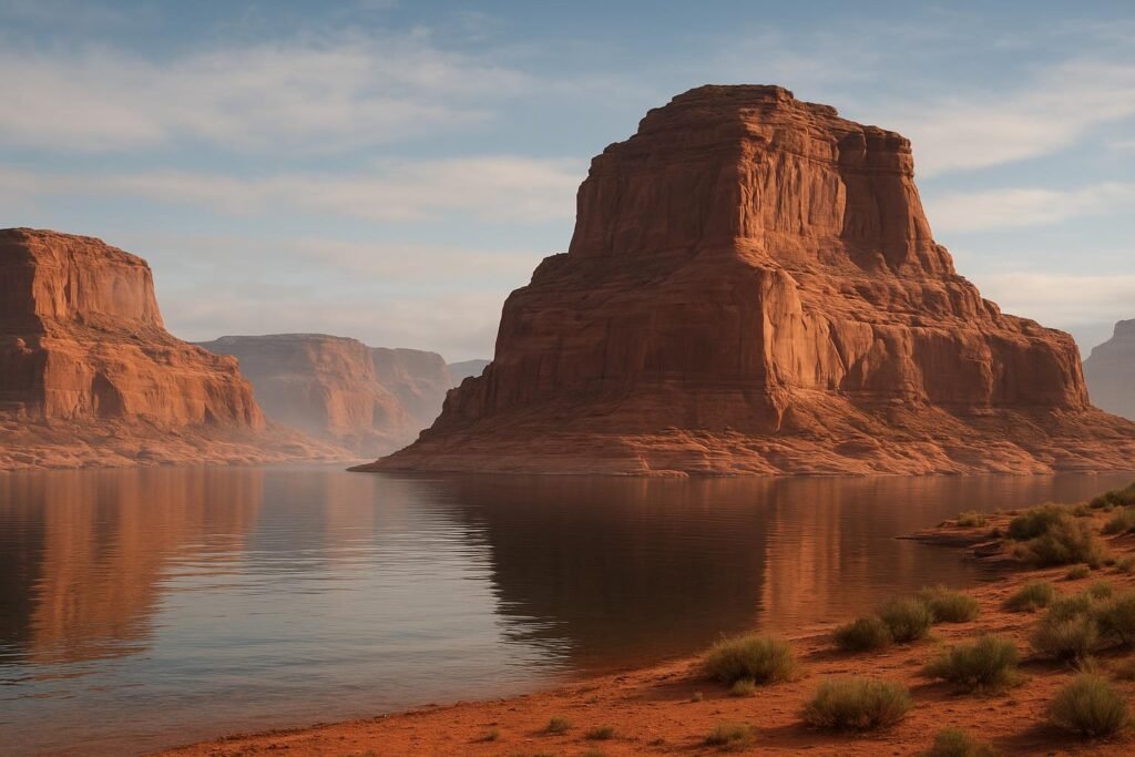 Lake Powell Arizona wallpaper showing red canyon cliffs under clear blue sky