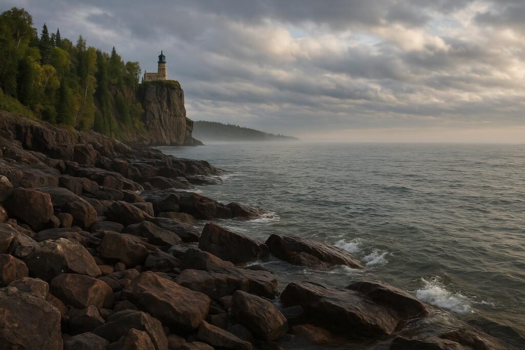 Rocky shoreline of Lake Superior Minnesota with clear skies