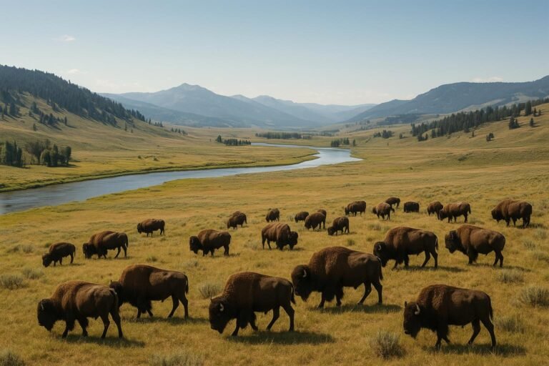 Bison herd roaming Lamar Valley in Yellowstone National Park on desktop wallpaper