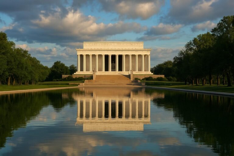 Lincoln Memorial in Washington DC reflected in the Reflecting Pool at sunset