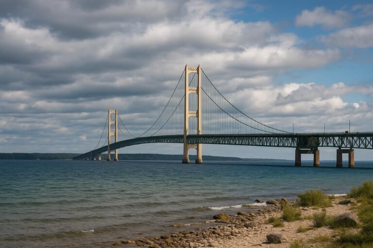 Mackinac Bridge stretching across the Great Lakes in Michigan, captured in a clear sunny day wallpaper.