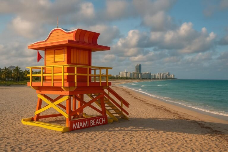 Miami Florida wallpaper featuring South Beach colorful lifeguard towers on a sunny day
