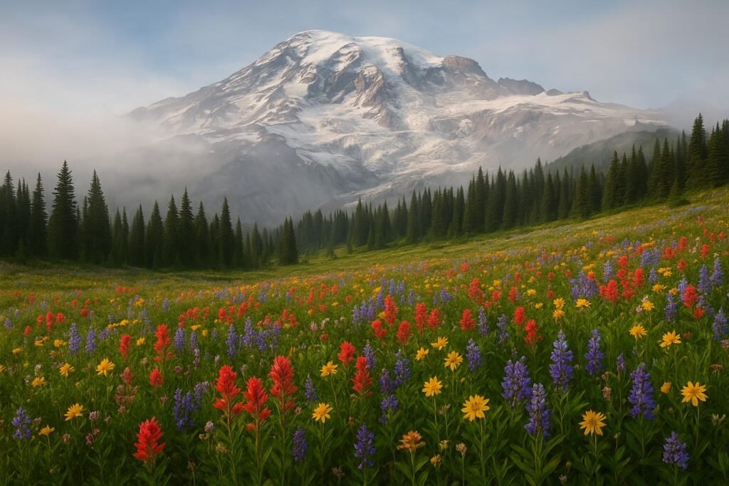 Mount Rainier Washington wallpaper showing wildflower meadows in bloom