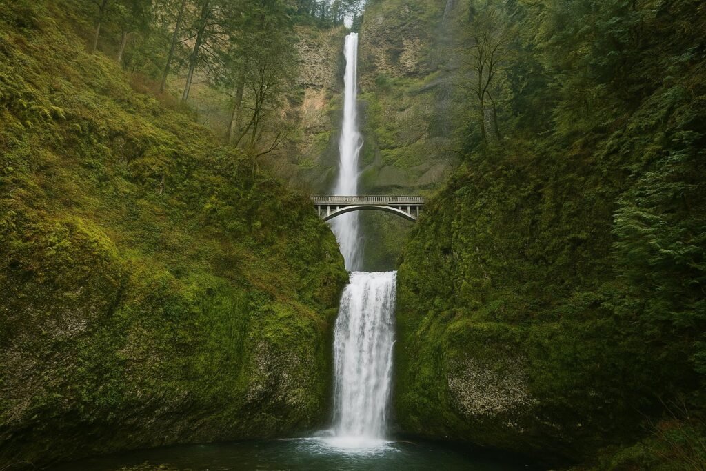 Multnomah Falls Oregon with moss-covered cliffs landscape wallpaper