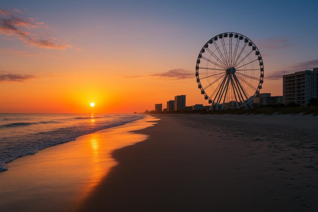 Myrtle Beach South Carolina sunrise wallpaper showing golden sun over beach