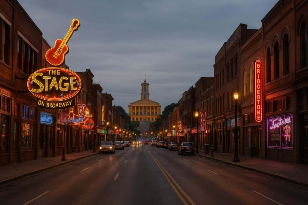 Nashville Tennessee wallpaper showing Broadway at night with bright city lights