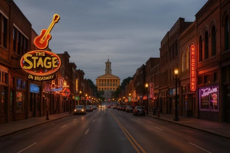 Nashville Tennessee wallpaper showing Broadway at night with bright city lights
