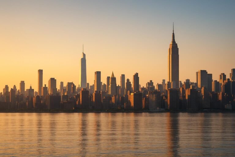 Manhattan skyline at sunrise wallpaper for desktop featuring New York City