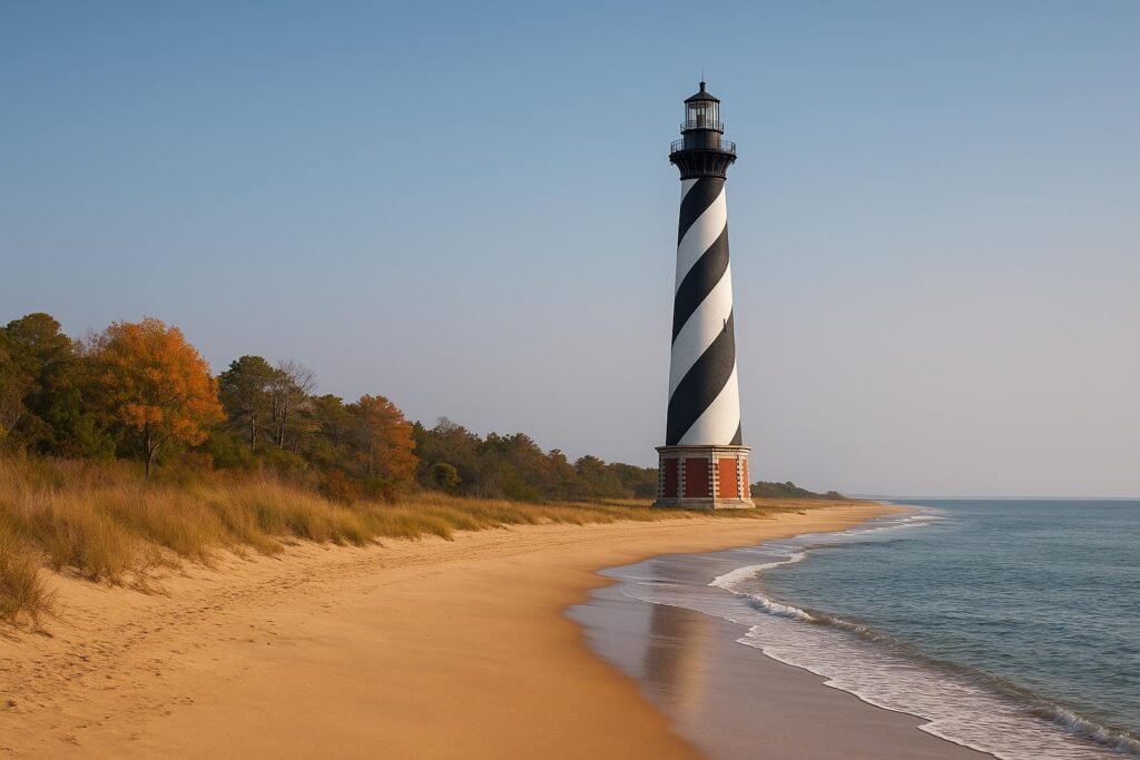 Historic lighthouse at Outer Banks North Carolina beach wallpaper for desktop