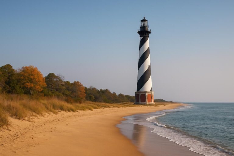 Historic lighthouse at Outer Banks North Carolina beach wallpaper for desktop