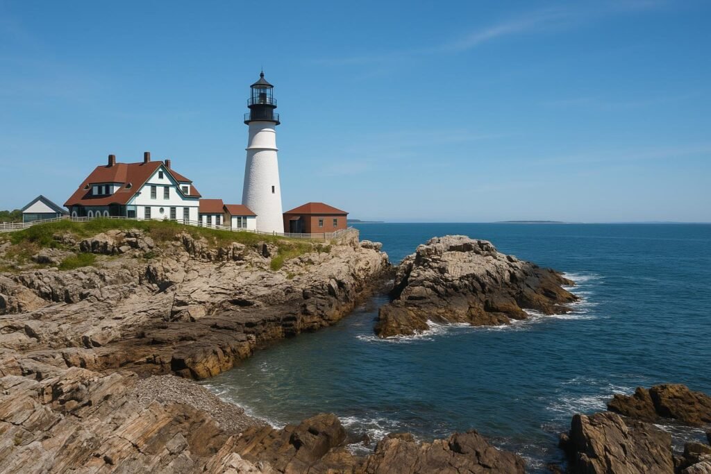 Portland Head Light lighthouse on rocky Maine coast with clear sky