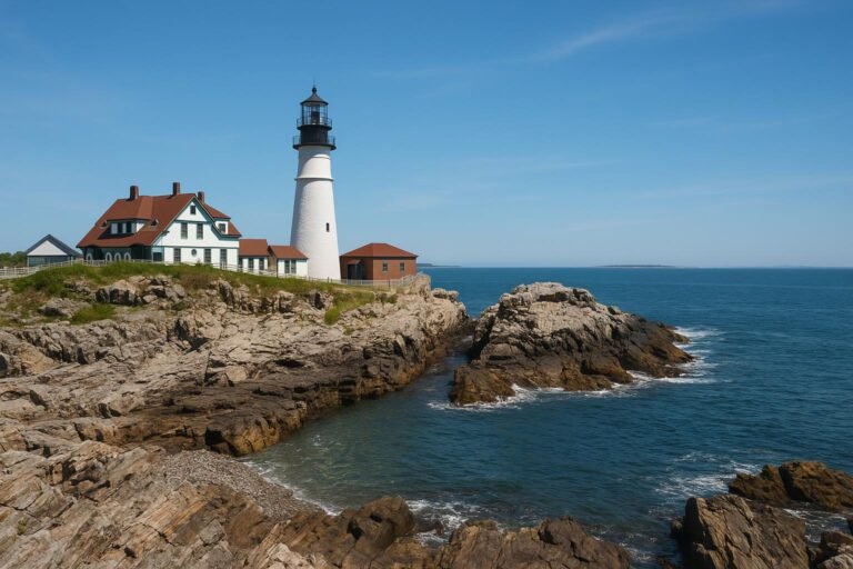 Portland Head Light lighthouse on rocky Maine coast with clear sky