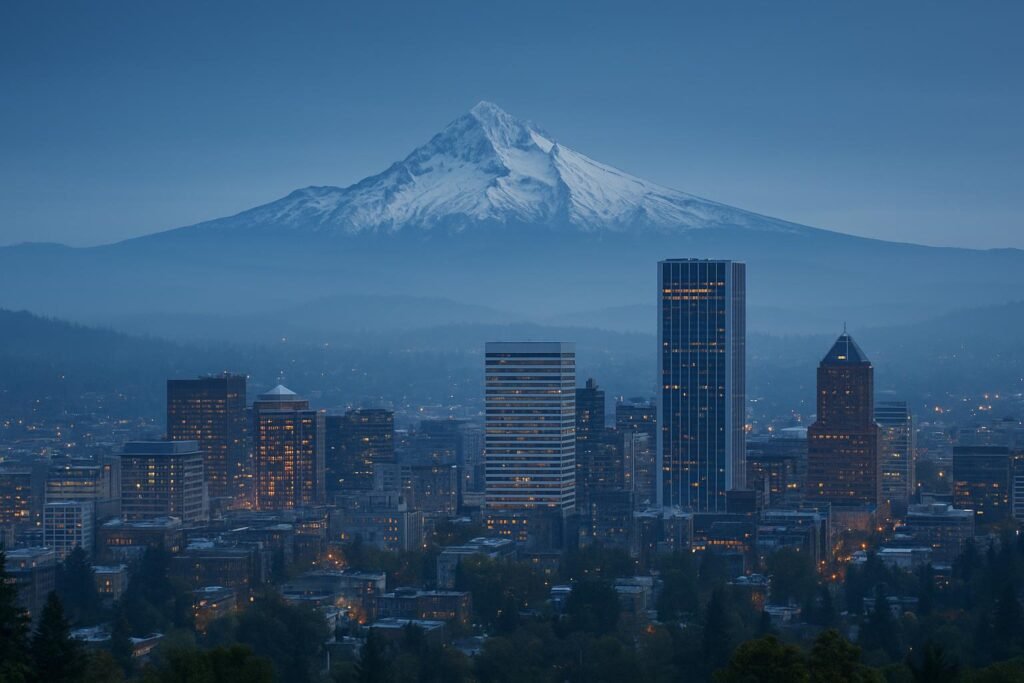 Portland Oregon wallpaper with Mount Hood behind downtown skyline
