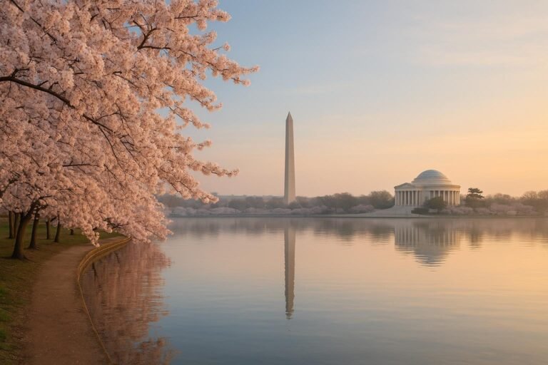 Potomac River with cherry blossoms in Washington DC desktop wallpaper