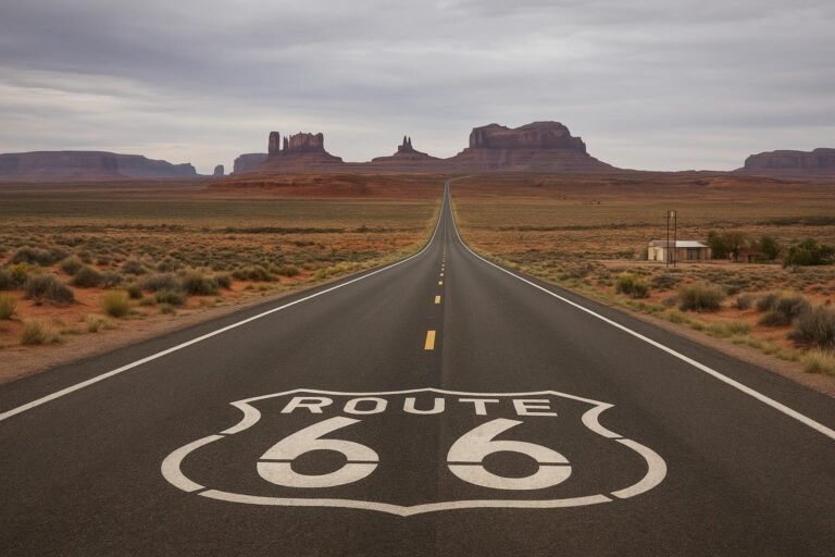 Classic Route 66 highway in Arizona under a clear blue sky