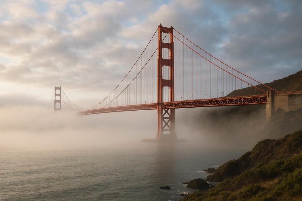 San Francisco Golden Gate Bridge covered in morning fog wallpaper for desktop