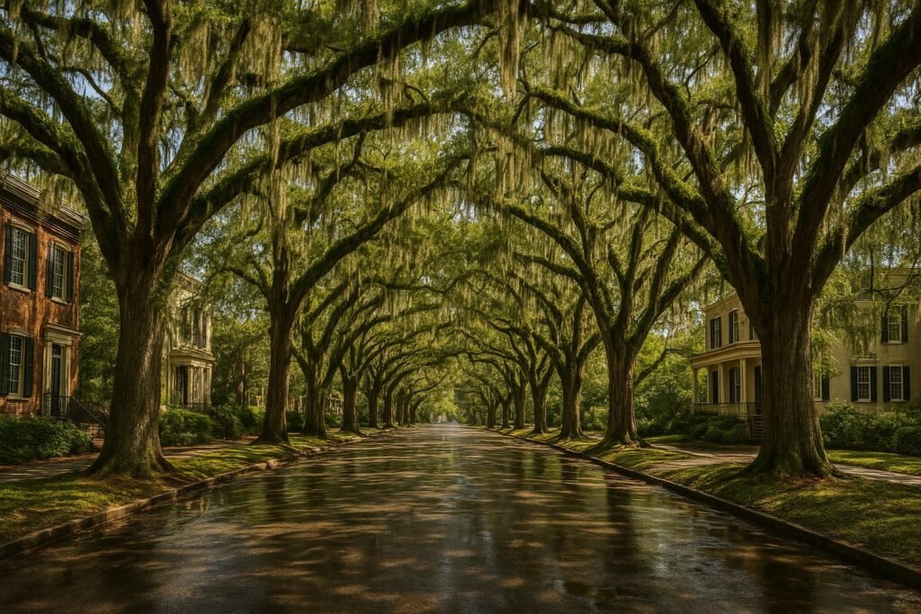 Savannah, Georgia oak-lined street wallpaper with Spanish moss
