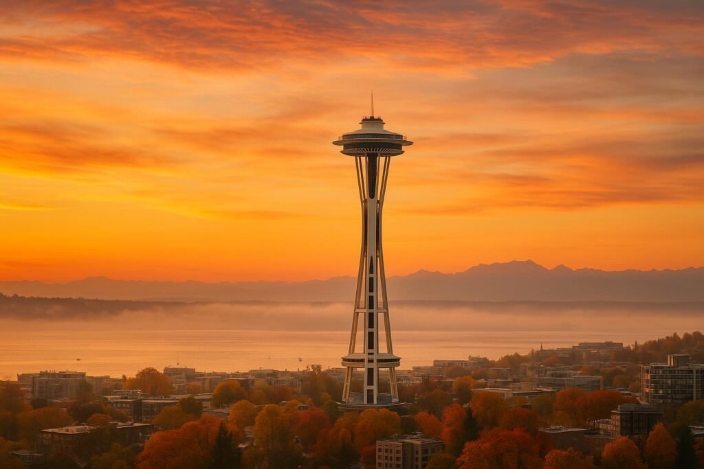 Seattle Washington Space Needle at sunset wallpaper for desktop