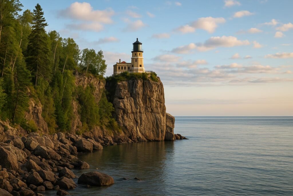 Split Rock Lighthouse in Minnesota with Lake Superior in the background