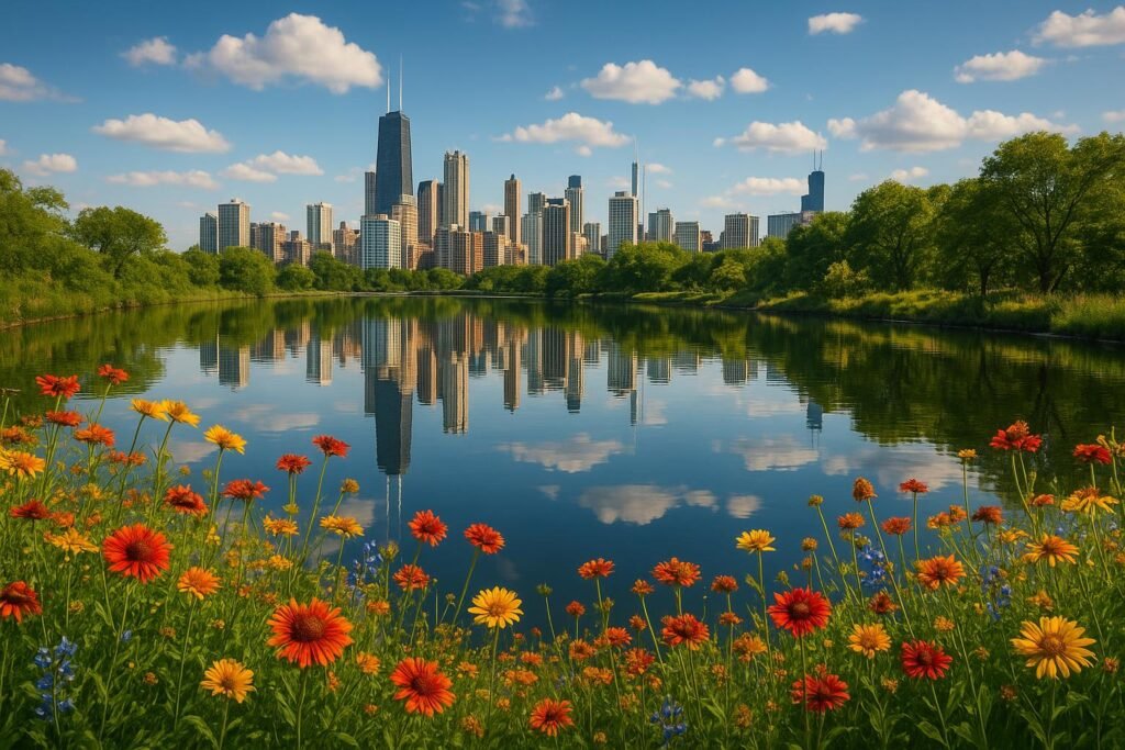 Spring wildflowers with American patriotic colors wallpaper on desktop