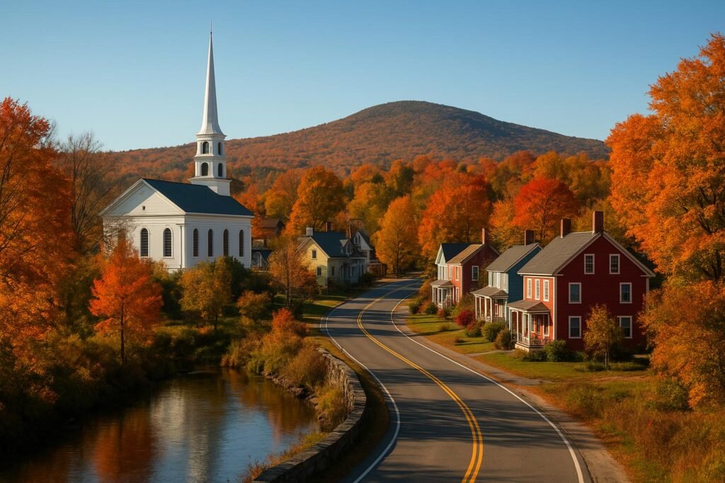 Stowe Vermont autumn village wallpaper showing colorful fall foliage