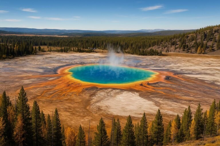 Yellowstone National Park Grand Prismatic Spring vibrant colors wallpaper