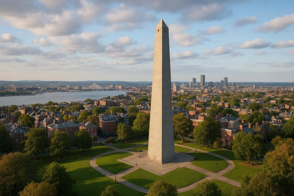 Bunker Hill Monument in historic Boston Massachusetts with city skyline