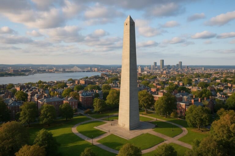 Bunker Hill Monument in historic Boston Massachusetts with city skyline