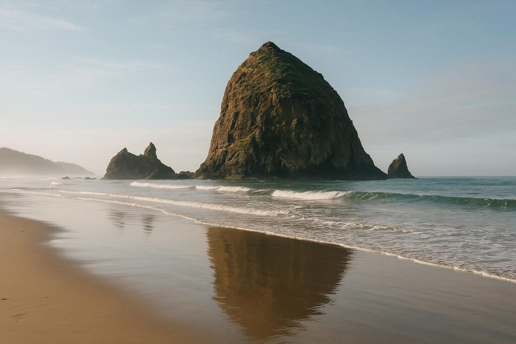 Cannon Beach Oregon wallpaper showing Haystack Rock with sandy beach and ocean waves