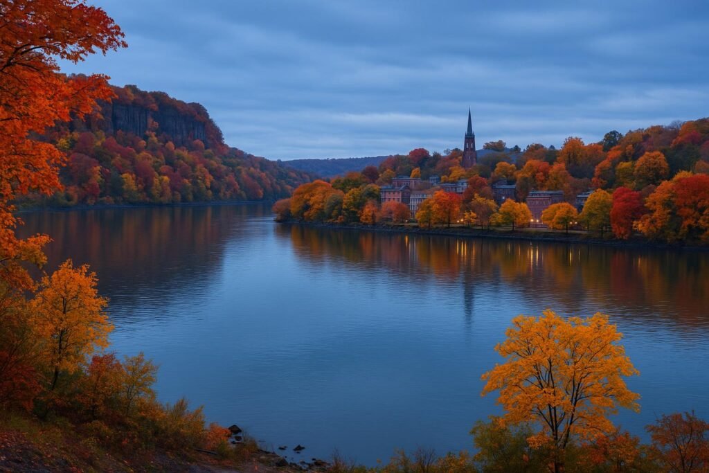 Hudson River New York in fall with colorful foliage along the river
