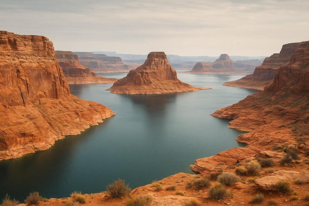 Lake Powell Arizona wallpaper with red canyon cliffs on desktop screen